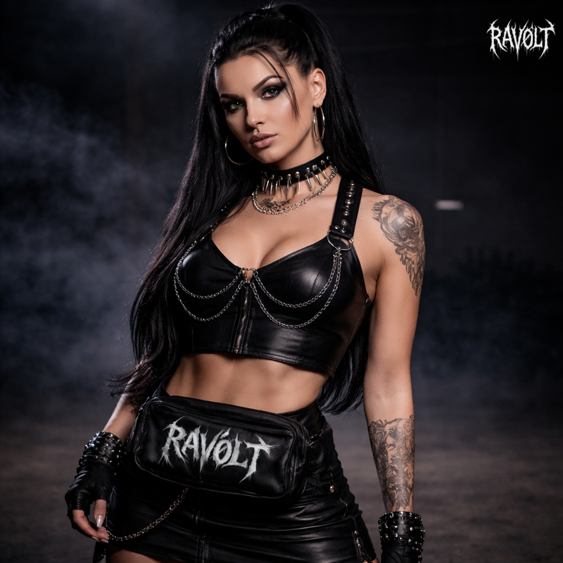 Mannequin femme portant une tenue RAVØLT au style rave underground, sacoche noire avec logo RAVØLT, ambiance sombre et industrielle.