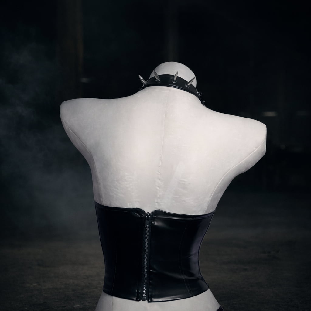 Dos d’un bustier gothique noir présenté sur buste mannequin, vue arrière avec fermeture zippée visible