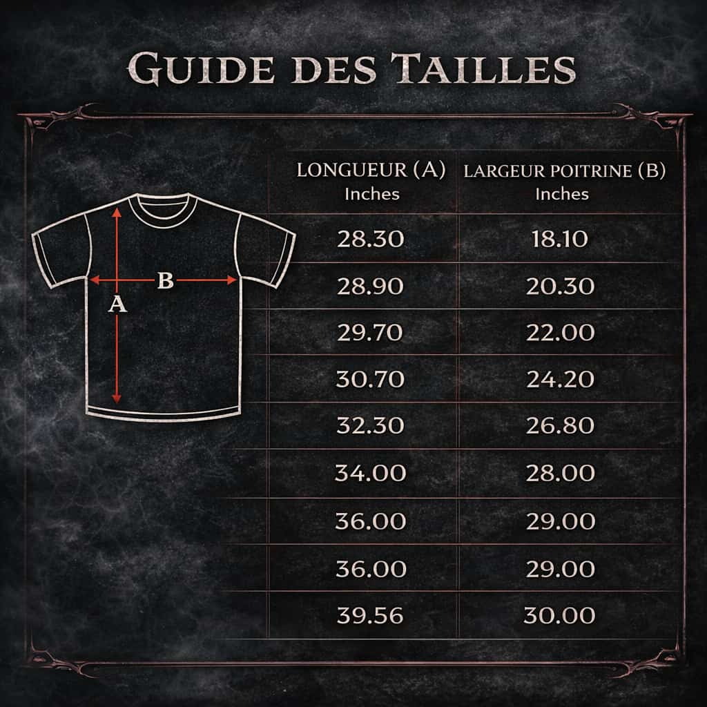 Guide des tailles du t-shirt RAVØLT avec mesures de longueur et largeur de poitrine