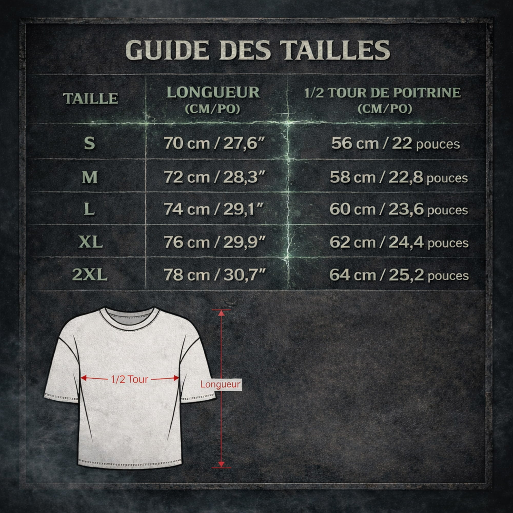 Guide des tailles t-shirt RAVØLT avec tableau des mesures et schéma explicatif poitrine et longueur