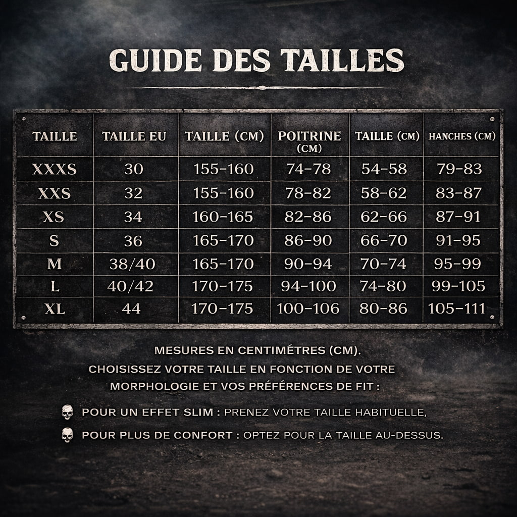 Guide des tailles vêtements RAVØLT avec correspondances de tailles, mesures poitrine, taille et hanches en centimètres