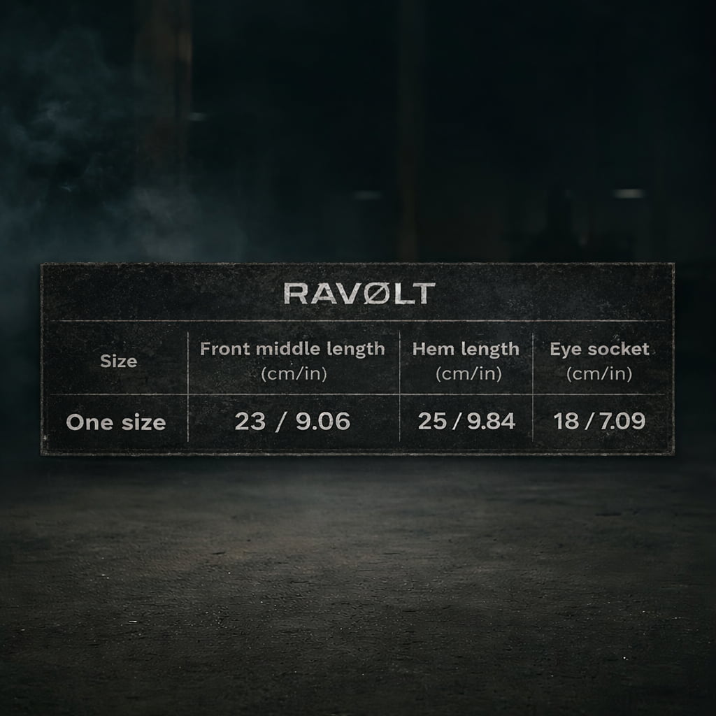 Guide des tailles cagoule RAVØLT avec tableau des dimensions en centimètres et pouces