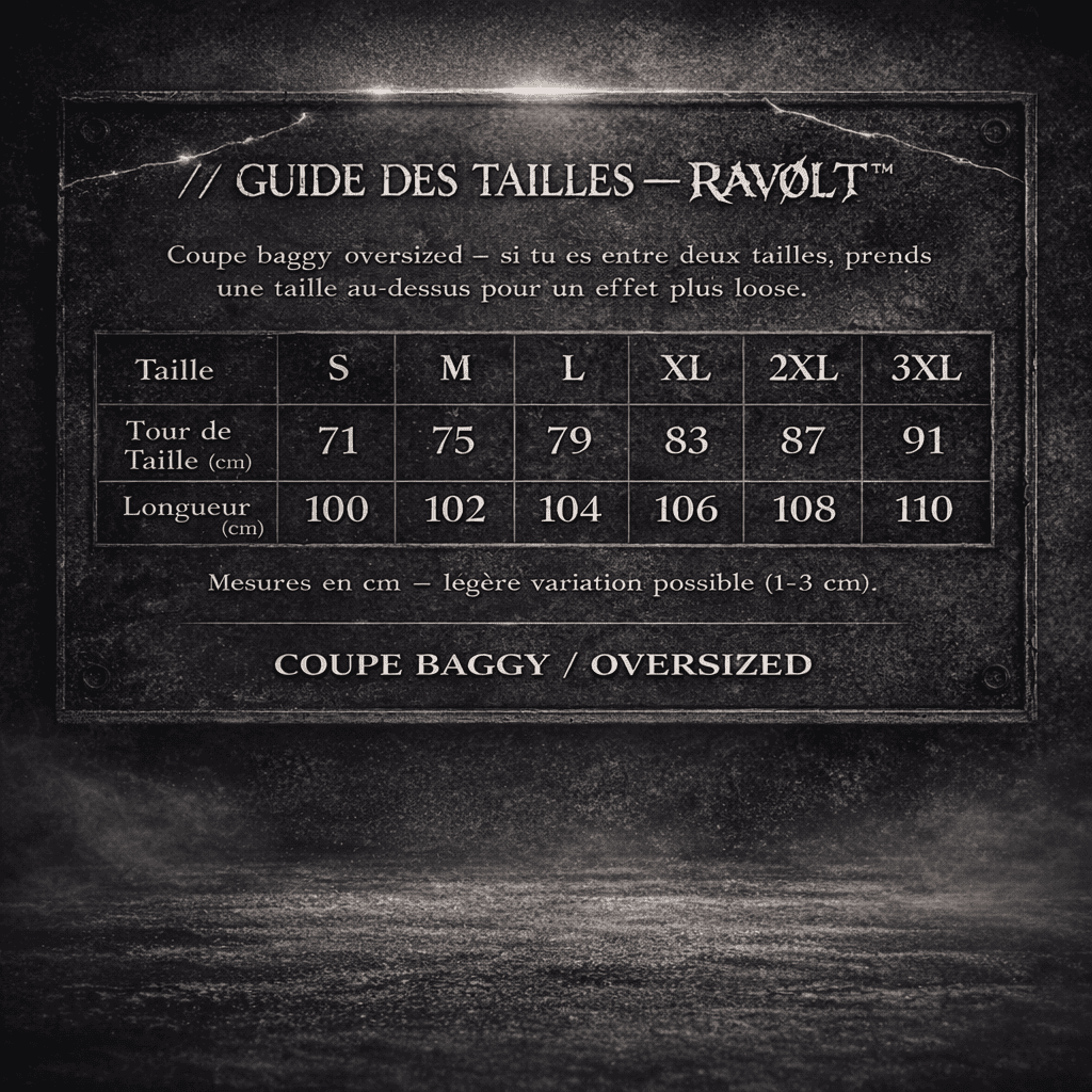 Guide des tailles jean baggy RAVØLT coupe oversized avec mesures taille et longueur en centimètres