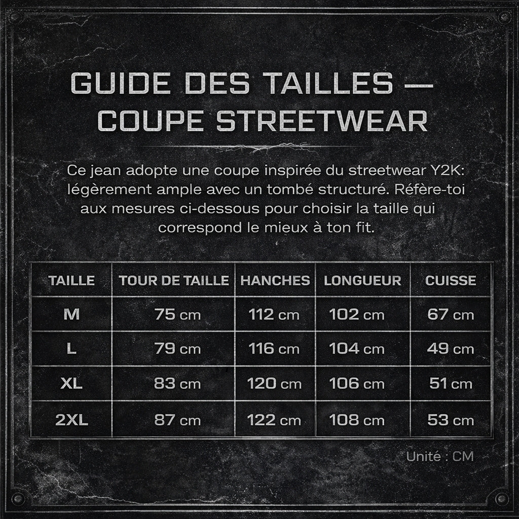 Tableau guide des tailles pour jean streetwear Y2K modulaire noir avec mesures taille hanches longueur (en cm)