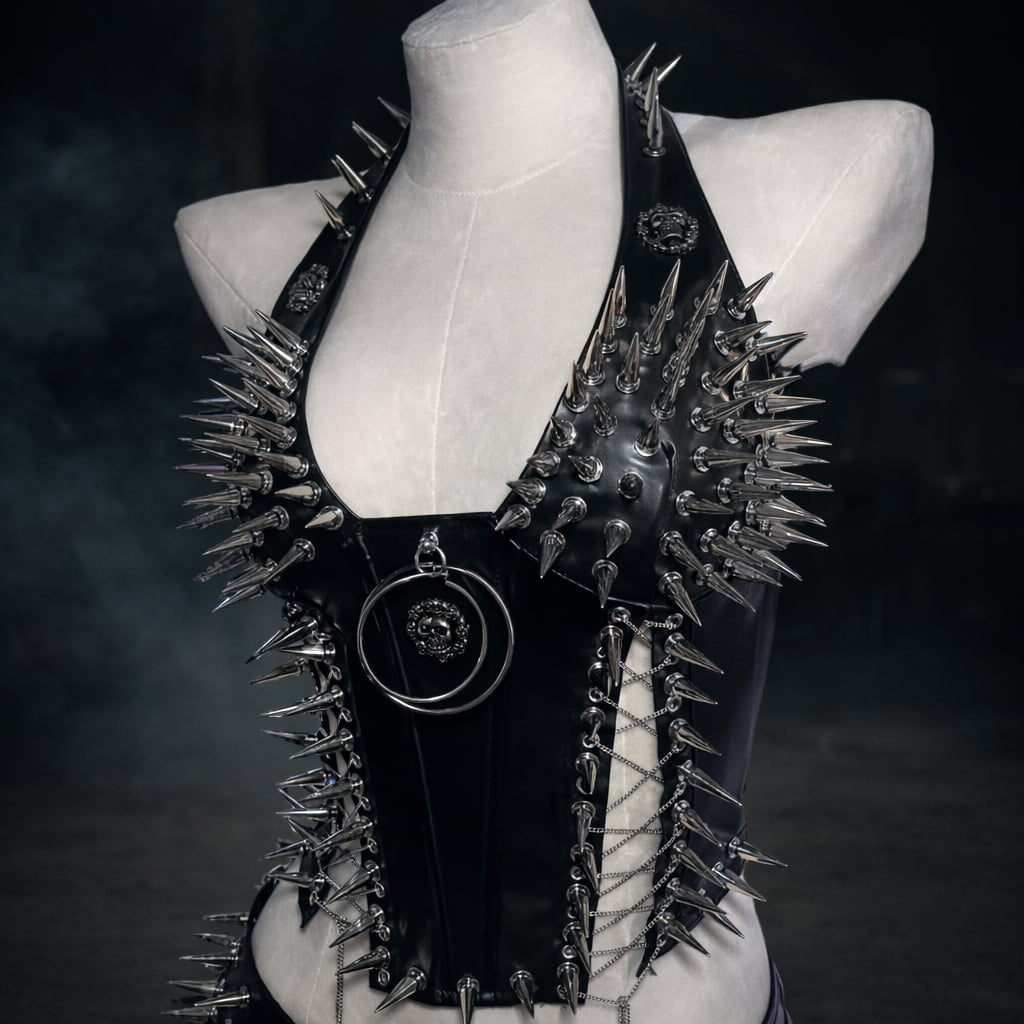 Harnais noir clouté RAVØLT présenté sur buste mannequin, vue de face avec détails métalliques visibles