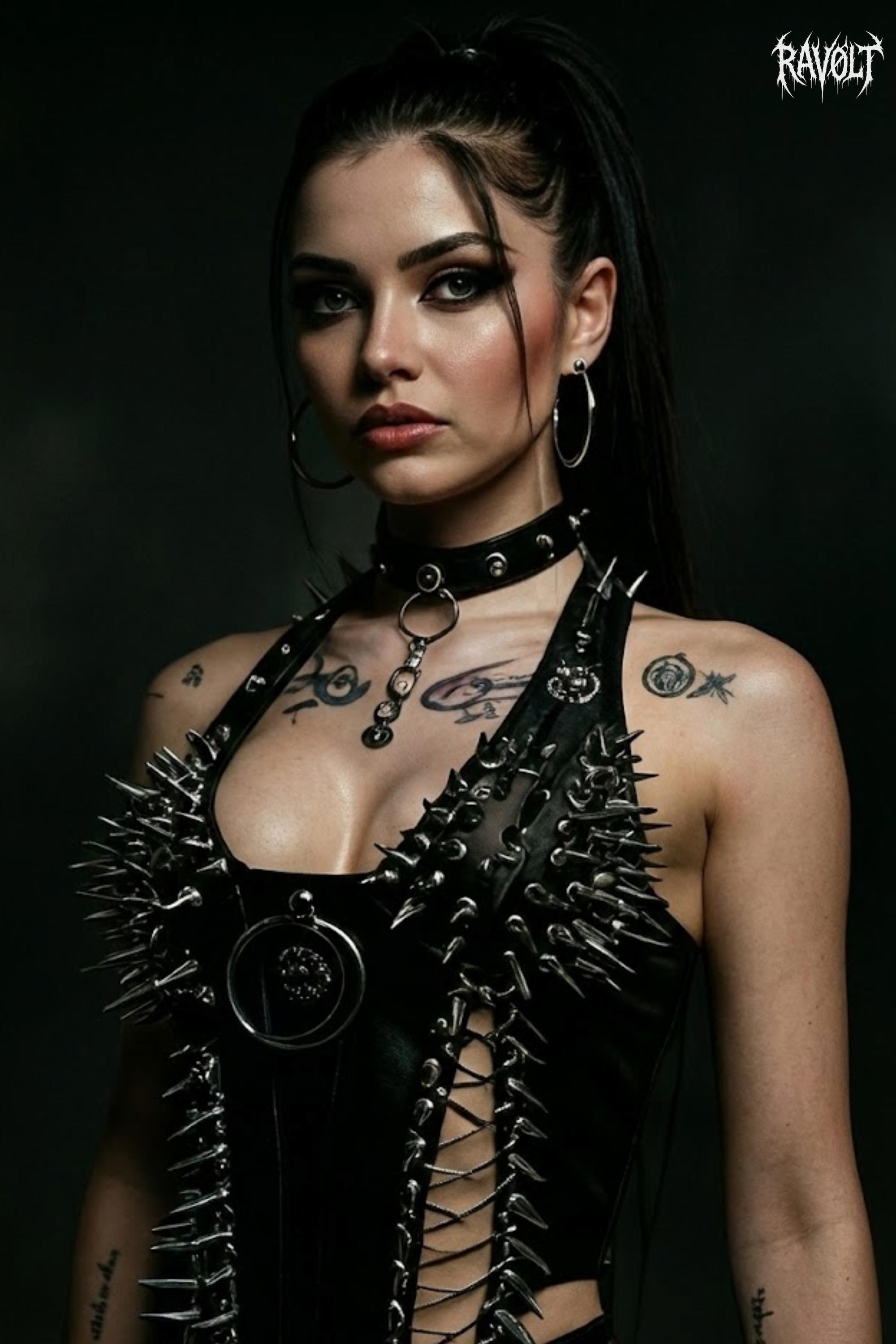 Mannequin femme portant un look alternatif noir RAVØLT avec accessoires cloutés, vue de face