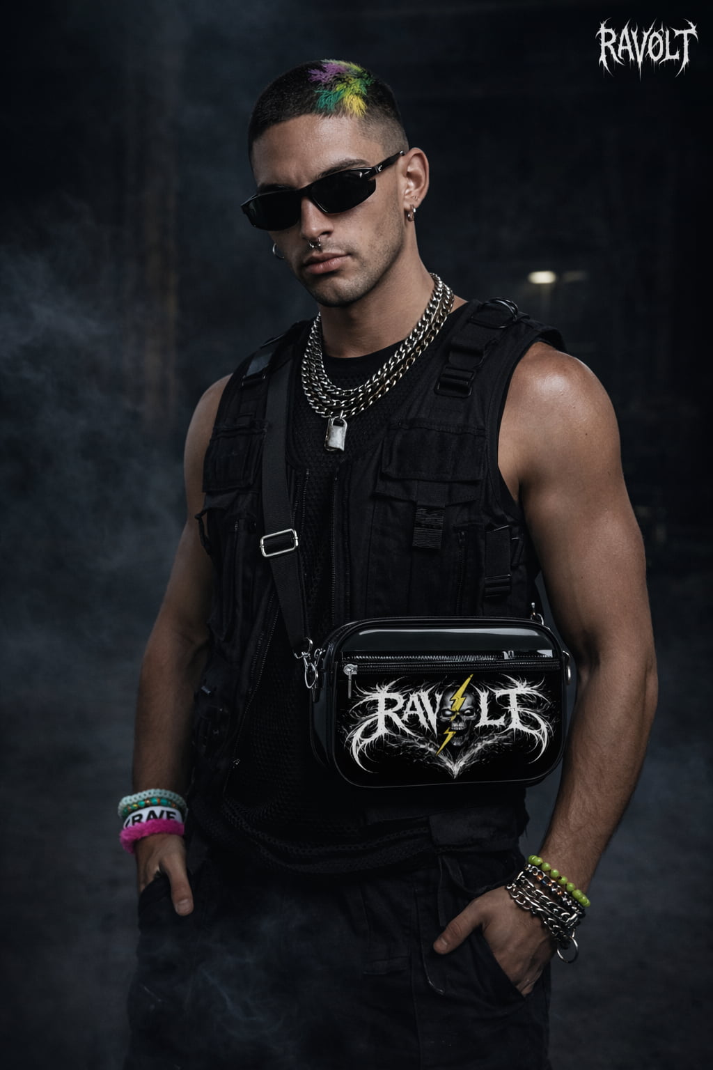 Sacoche noire RAVØLT portée par mannequin homme, vue de face avec logo visible