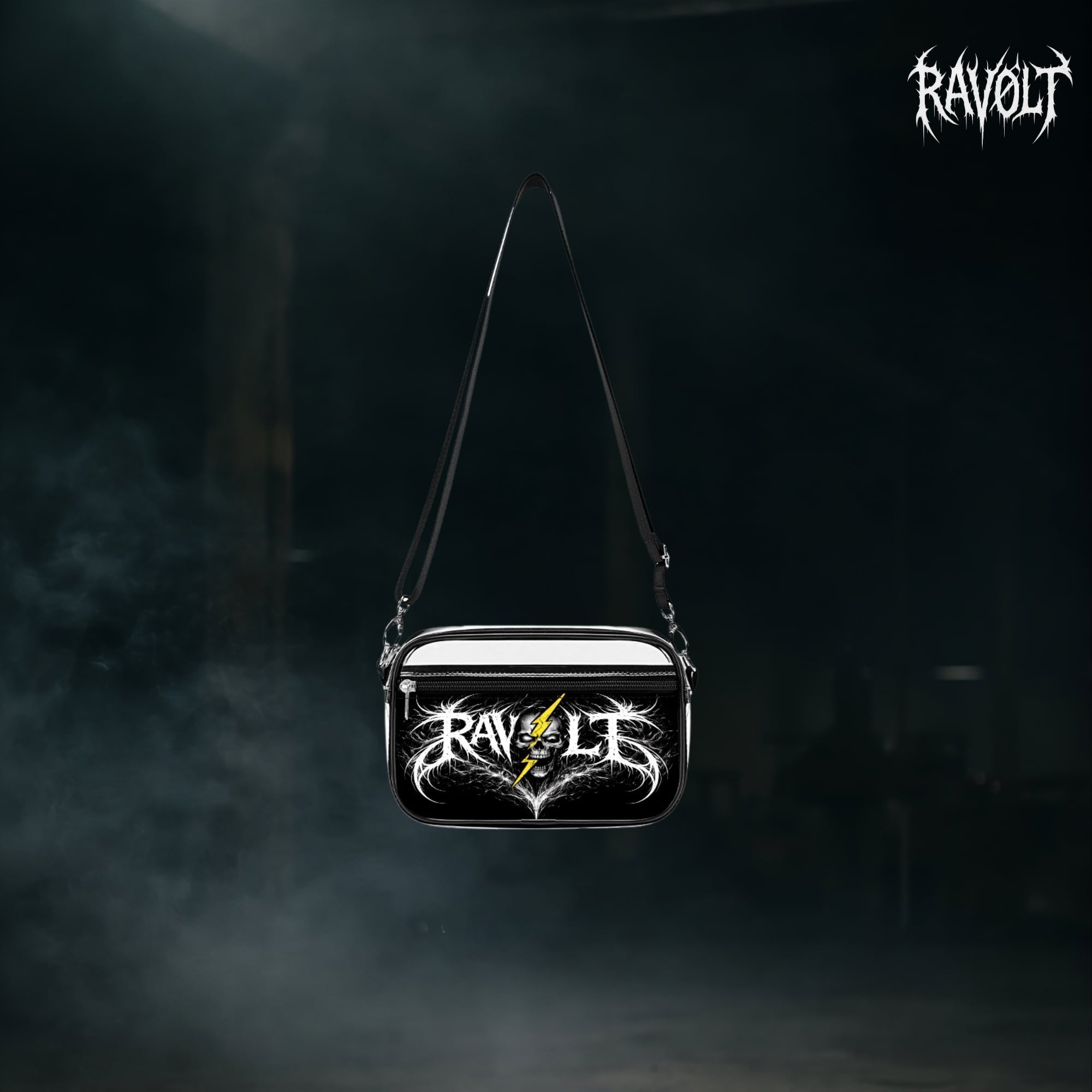 Sacoche noire RAVØLT avec logo, vue de face sur fond sombre