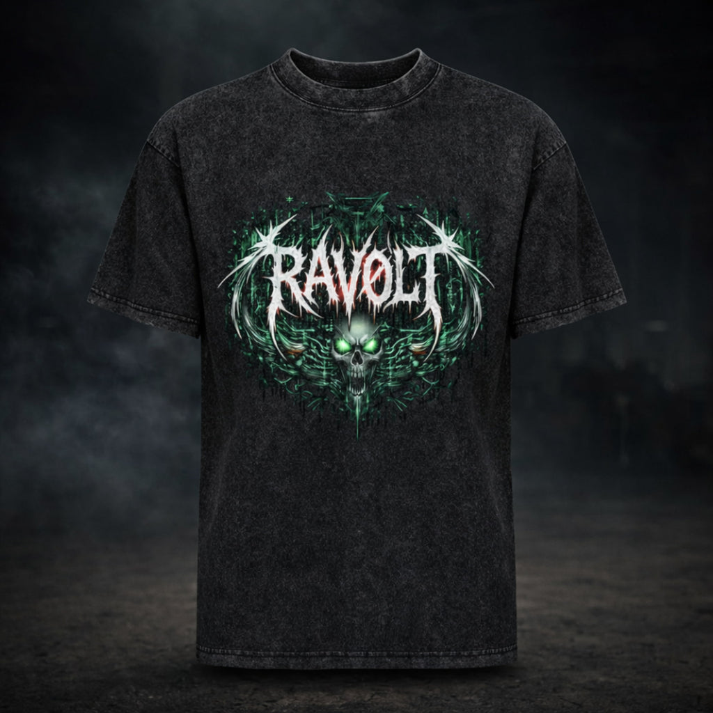 T-shirt noir RAVØLT avec logo vert et motif central, vue de face sans mannequin