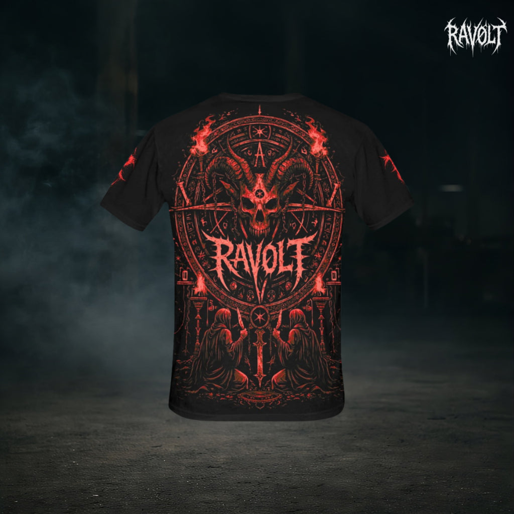 Dos du t-shirt noir RAVØLT avec illustration occulte rouge, style streetwear et rave underground